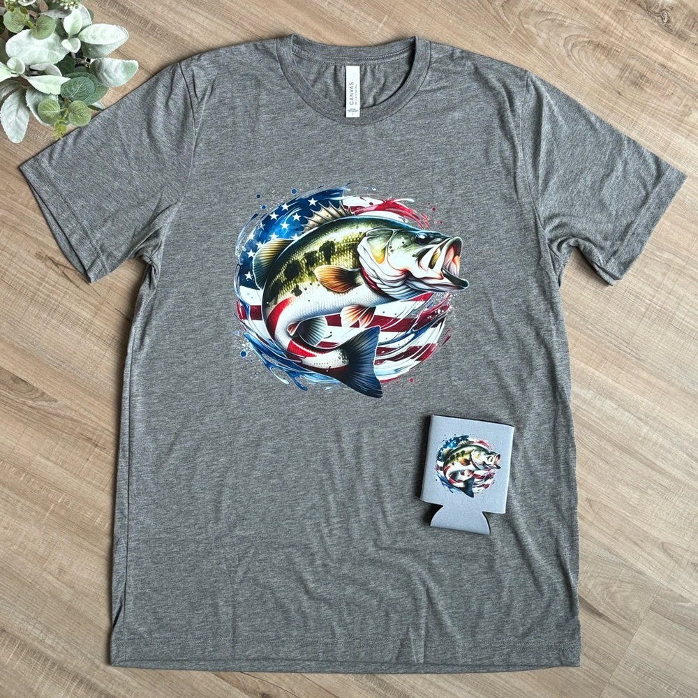 Gray Tri-blend T-Shirt & Can Cooler Patriotic Fish Design